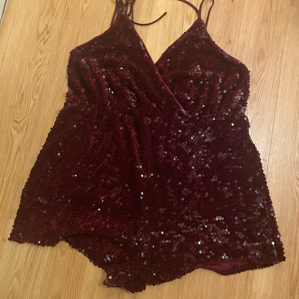 Burgandy sequence timber with spaghetti straps